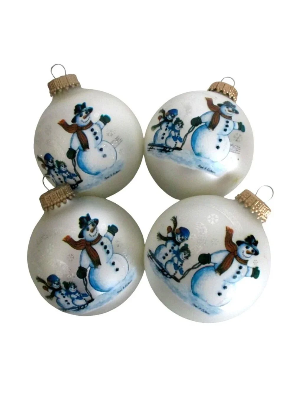 Set Of 4 Vintage Snowman Glass Christmas Ornaments By Carol E. Culhane